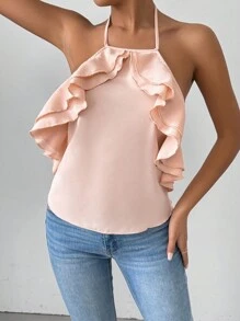 Chiquease Women's Solid Color Ruffle Detail Necklace Strap Cami Top For Summer - Pink - View 4