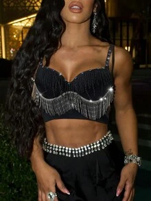Rave Lễ hội Tương phản Pha lê Hai lớp Tua Fringe Hem Không lưng Dây đeo Mì Ý  Áo nịt ngực Bustier Áo Shapewear Cắt chóp Cami - Nhiều màu - Xem 1