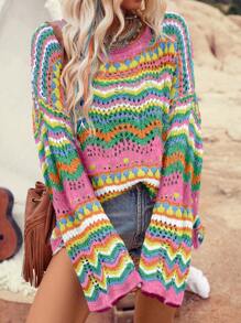 Breezaya Holiday Contrast Color Hollow Out Knitted Oversized Sweater,Long Sleeve Tops, Fall Winter - Multicolor - View 7