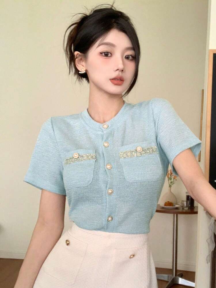 Color-Block Pocket Button Placket Round Neck Short Sleeve T-Shirt