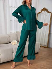 Côtesoire 女士缎面荷叶袖睡衣套装，适合假日、秋冬季节穿着 - 墨綠色 - 查看 5