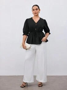 BizChic Camisa A-line Casual De Talla Grande Con Cordón De Botones Frontales Y unicolor - Negro - Ver 3