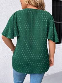 SHEIN LUNE Plus Size Ladies' Swiss Dot Lace Contrast Ruffle Sleeve Blouse - Green - View 2