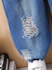 SHEIN Casualowy T-shirt dla chłopca w jednolitym kolorze z okrągłym dekoltem, kamizelka z zamkiem błyskawicznym z przodu i dżinsy z przetarciami