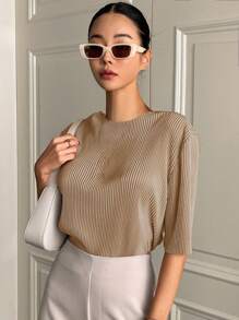 DAZY Camiseta de verano simple de cuello redondo de plisado sólido