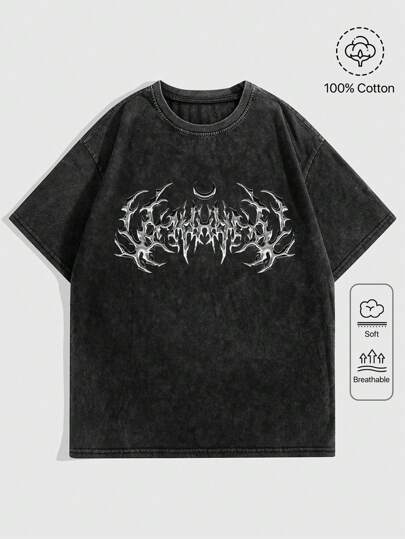 ROMWE Grunge Punk Plus Size Women's Dark Bat Printed Crinkle Washed T-Shirt With Large Print For Summer, School