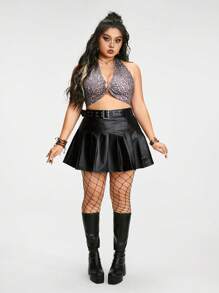 ROMWE Hippie Plus Size Faux Leather Pleated Skirt Suitable For Summer - Black - View 2