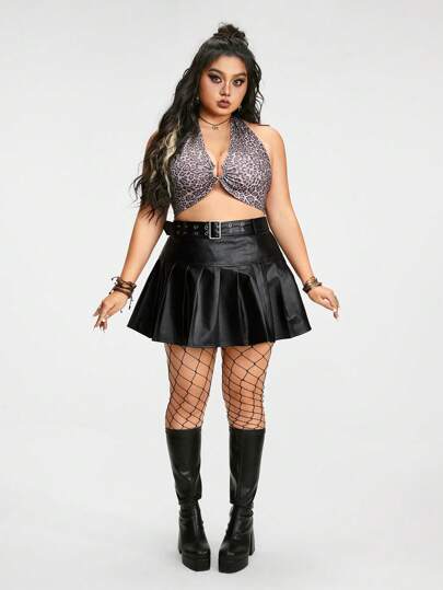 Hippie Plus Size Faux Leather Pleated Skirt Suitable For Summer