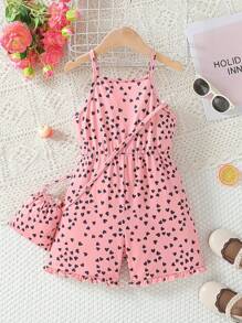 Rompers estampado de corazón con tirantes espagueti y cintura elástica para niñas jóvenes para las vacaciones de verano en la playa y el tiempo de juego, verano