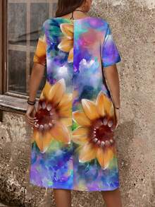 LONESS Vintage Casual Hoa Hướng Dương Tie-Dye In Dài Đến Đầu Gối Plus Size Nữ Bodycon Đầm Cho Mùa Hè - Màu tím - Xem 2