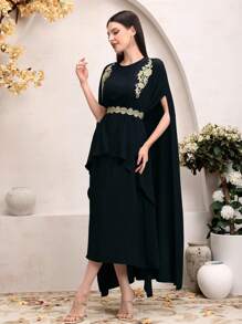 Modelyn Women's Embroidery Poncho And Sleeveless Dress Set 2 Pieces Set - Black - View 7