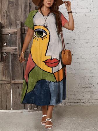 EMERY ROSE Vintage Style Summer Women's Plus Size Slim Fit Long Casual Dress With Colorblocked Human Face Print