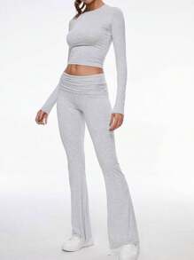 Women's Two Pieces Autumn Outfit Y2K Sporty Casual Home Daily Solid Color Round-Neck Long-Sleeved T-Shirt Fitted Long Pants Set
