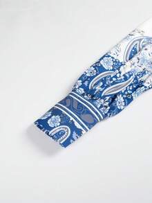 Women Long Sleeve Collared Lantern Sleeves Printed Blouse - Blue - View 3