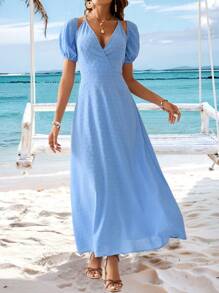 SHEIN VCAY Swiss Dot V-Neck & Waistband Belt Design Vacation Blue Dress,Wedding Season