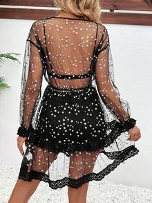 Breezaya Women's Silver Star Print Mesh Sheer Top - Black - View 2