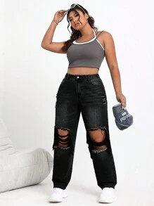 SHEIN EZwear 大碼磨損洞鬆身牛仔褲 - 黑色 - 查看 3