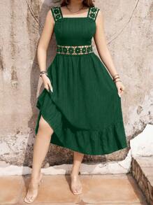 SHEIN Clasi Dress Ukuran Plus Ruffle Hem Zip Tape Blok Warna Geometris Plain Boho - Hijau - View 1
