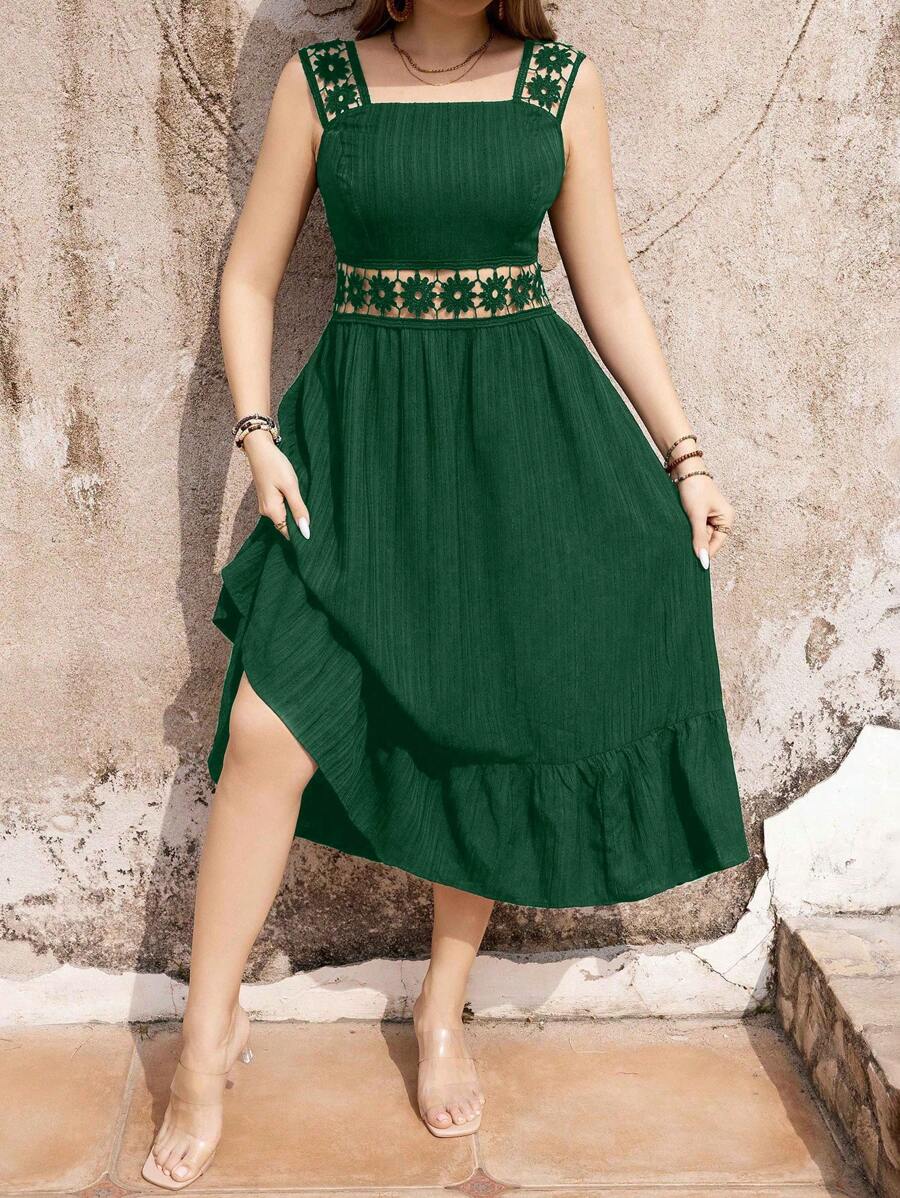 SHEIN Clasi Dress Ukuran Plus Ruffle Hem Zip Tape Blok Warna Geometris Plain Boho - Hijau - View 1