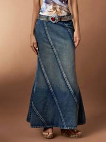 Forever 21 Women's Vintage Washed Denim Pencil Skirt With Mermaid Hem - Blue - View 1