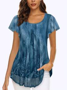 CheersLife 女性短袖束腰上衣花卉雙層休閒正式襯衫