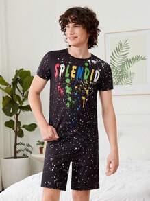 Teen Boy Splatter Paint Letter Printed Short Sleeve T-Shirt And Shorts Casual 2pcs Homewear Set For Summer - Black - View 5
