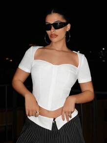 SHEIN ICON Women's Fashionable Square Neck Short Open Front Casual Shirt - White - View 5