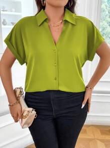 Vionelle Camisa De Talla Grande Con Mangas De Murciélago De Color Sólido - Verde Oliva - Ver 4