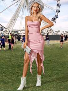 Chiquease Asymmetrical Ruffle Hem Split Strap Dress With Package Hips Design, Suitable For Summer