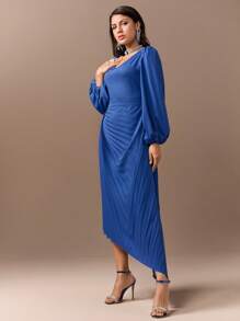 Modelyn Women'S Solid Color Lantern Sleeve Asymmetric Hem Dress - Blue - View 6