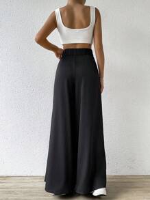 SHEIN EZwear Solid Fold Pleated Wide Leg Pants - Black - View 2