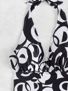 Swim DD+ Đồ bơi Tankini không tay cổ yếm in họa tiết cho nữ, Bộ đồ tắm đi biển mùa hè - Đen và trắng - Xem 7