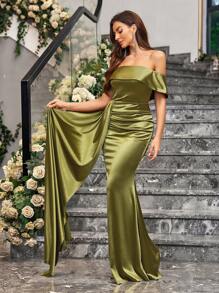 SHEIN Belle Váy phù dâu trễ vai màu trơn dành cho người lớn, thích hợp cho tiệc cưới, váy dạ hội trang trọng dành cho phụ nữ, váy dự tiệc cưới thanh lịch, dự tiệc tốt nghiệp, tiệc tối, giáng sinh - màu xanh lá - Xem 6