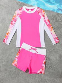 SHEIN Young Girls' Floral Print Long Sleeve Rash Guard Tankini Swimwear Set With Patchwork