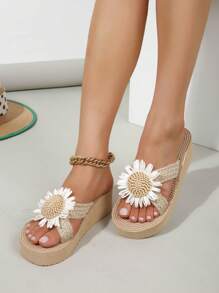 Women's Cross Strap Flat Sandals With Braided Rope, Simple Design And Platform Sole Suitable For All Seasons - Beige - View 4