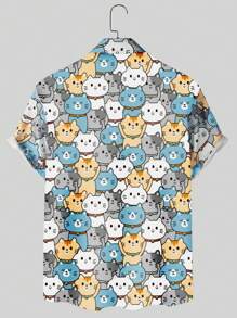 Men's Cartoon Cat Print Short Sleeve Shirt For Summer
