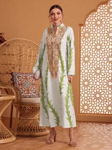 Al Najma Women's Turkish Long Shirt With Floral Print And Embroidery Kaftan Jalabiya Dress - Green - View 3