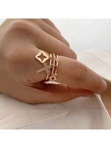 1pc Fashionable Cross Shaped Ring Decorated With Cubic Zirconia, Perfect For Women's Daily Wear - Gold - View 4