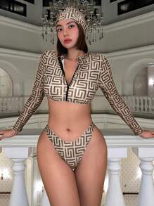 Swim EVENT Summer Beach Women's Allover Pattern Long Sleeve Crop Top And Triangle Bikini Swimwear Set With Swimming Cap - Coffee Brown - View 3