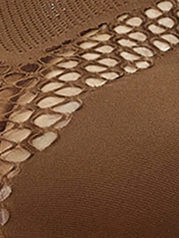 Music Festival Western Style Boho Fashion Gorgeous Ladies Brown Hollow Fishnet High Elastic Silk Splicing Sexy Resort Nightclub Hotties Charming High-End Elegant Tight Short High Elastic Round Neck Long Sleeve T-Shirt