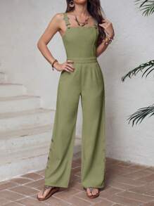 SHEIN LUNE Overoles lisos de mujer decorados con botones - Verde militar - Ver 3