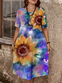 LONESS Vintage Casual Hoa Hướng Dương Tie-Dye In Dài Đến Đầu Gối Plus Size Nữ Bodycon Đầm Cho Mùa Hè - Màu tím - Xem 1
