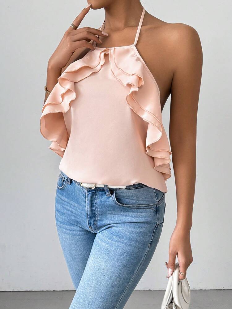 Women's Solid Color Ruffle Detail Necklace Strap Cami Top For Summer