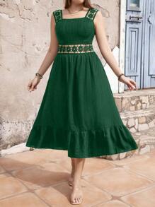 SHEIN Clasi Dress Ukuran Plus Ruffle Hem Zip Tape Blok Warna Geometris Plain Boho - Hijau - View 4