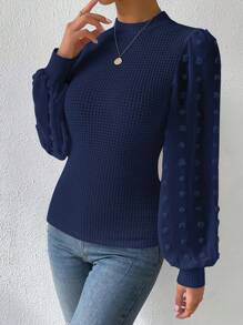 SHEIN Privé Của phụ nữ Màu thuần Đứng cổ áo Textured Tay áo lồng đèn Áo - Xanh đậm - Xem 6