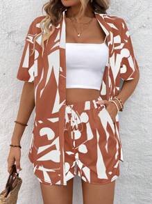 SHEIN LUNE Họa tiết Hình học Áo len Mở Và Bộ quần short - Màu Cam san hô - Xem 6