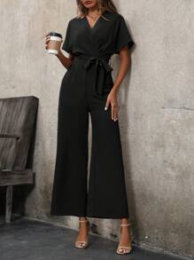 SHEIN Clasi 交叉領口蝙蝠袖寬腿連體褲,配帶腰帶 - 黑色 - 查看 4