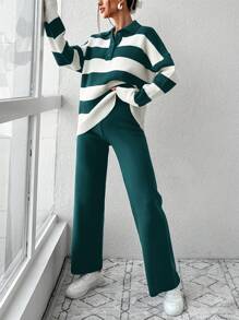 EURMUSE Women's Button Half-placket Striped Knit Top And Solid Color Wide-leg Knit Pants Two-piece Set - Green - View 3