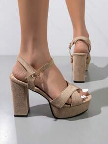 女士大尺碼開放式厚跟包帶時尚涼鞋,適用於戶外 - 棕色 - 查看 2