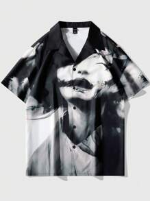 ROMWE MEN Street Life Men's Short Sleeve Shirt With Blurred Portrait Print, Suitable For Spring And Summer - Multicolor - View 1